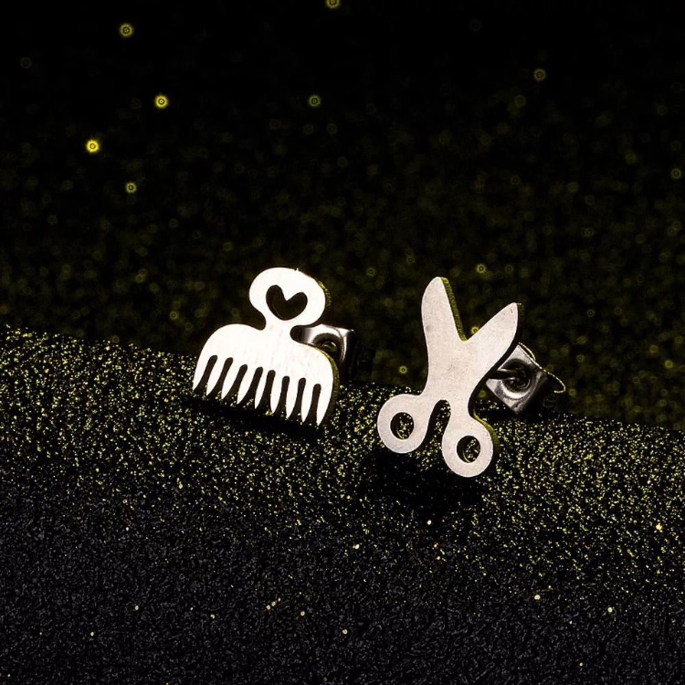 Stainless Steel Comb Scissor Stud Earrings - Picture 1 of 4